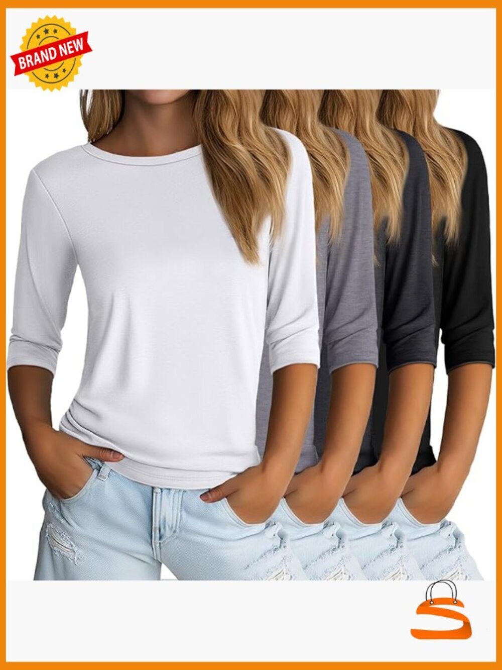 4 Pack 3/4 Sleeve Loose Fit Casual Basic Tees Tops for Women Multipack